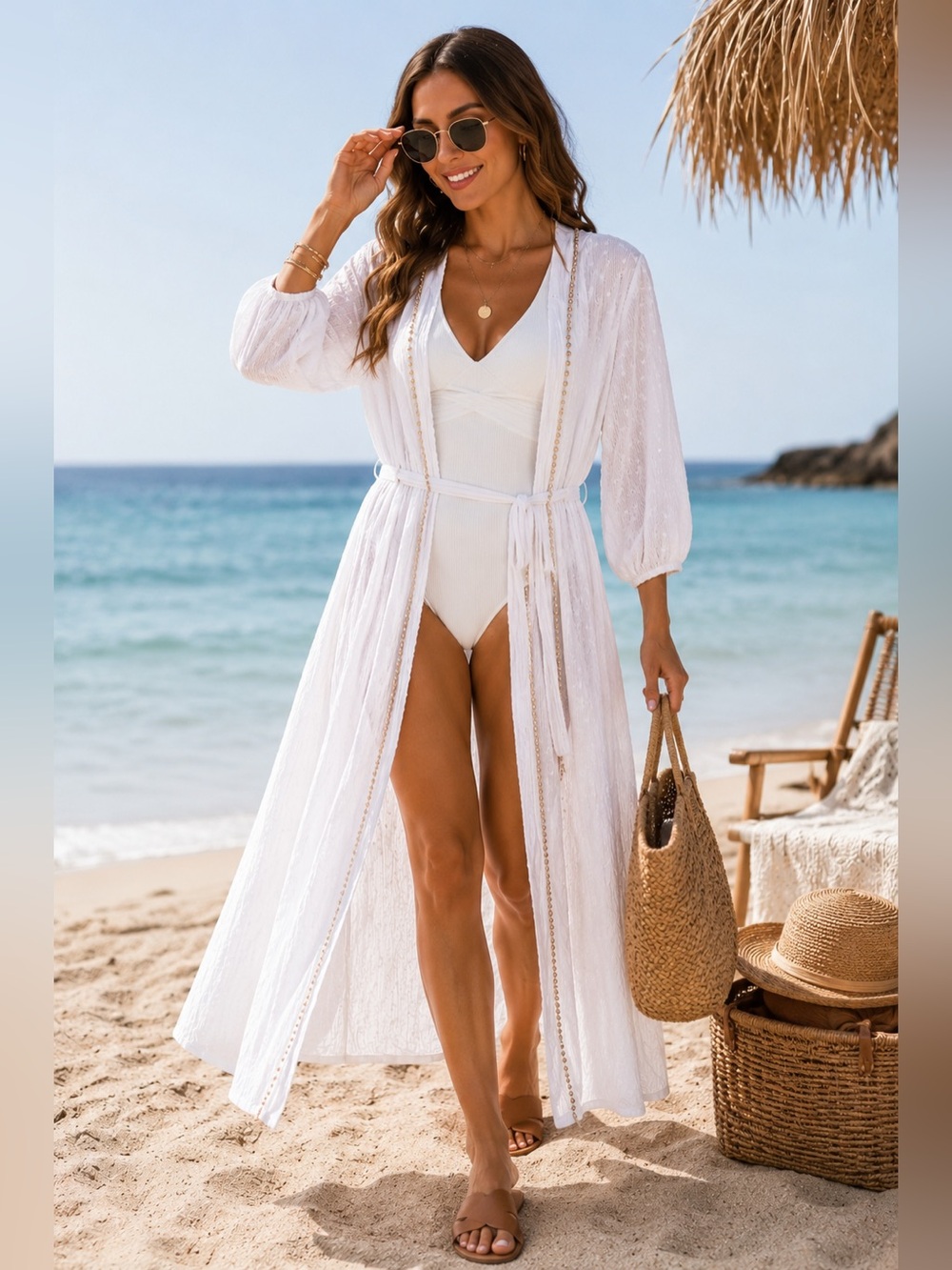 Ranees White Maxi Duster Cover Up L XL Boho Beach Kimono Tie Waist